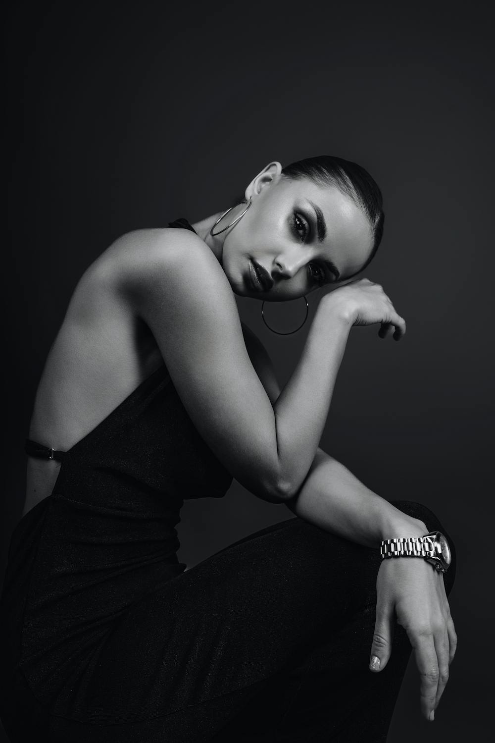 Vanta Studio — editorial fashion portrait, black and white, model in minimalist garment